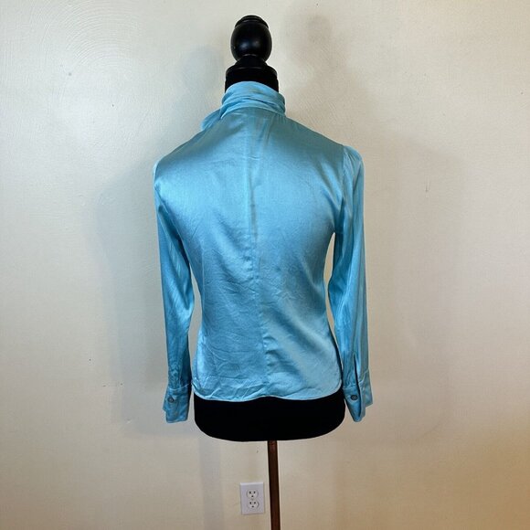 Linda Allard Ellen Tracy Womens Aqua Blue Career Blouse Top Neck Tie PS 4 Silk - Picture 3 of 8